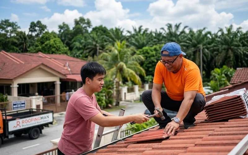 Roofing Man technician repairing residential roof in Puchong
